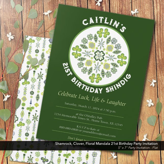 Convite Shamrock Mandala - aniversário de 21 anos (Shamrock, Clover, and Floral Lucky Mandala: 21st Birthday Party Invitation)