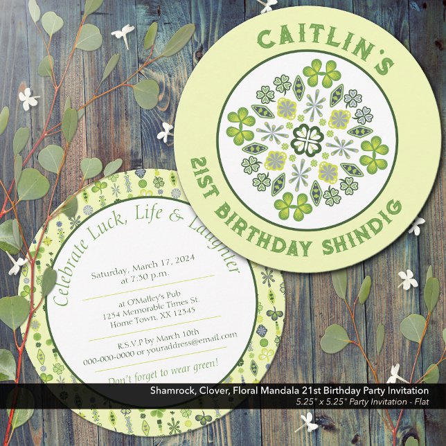 Convite Shamrock Mandala - aniversário de 21 anos (Shamrock, Clover, and Floral Lucky Mandala: 21st Birthday Party Invitation)
