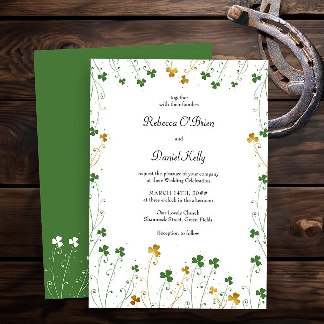Convite Shamrock Wildflower Green Dourado Casamento Elegan (Wedding Invitation from my Shamrock Wildflower wedding collection - printed or printable download)