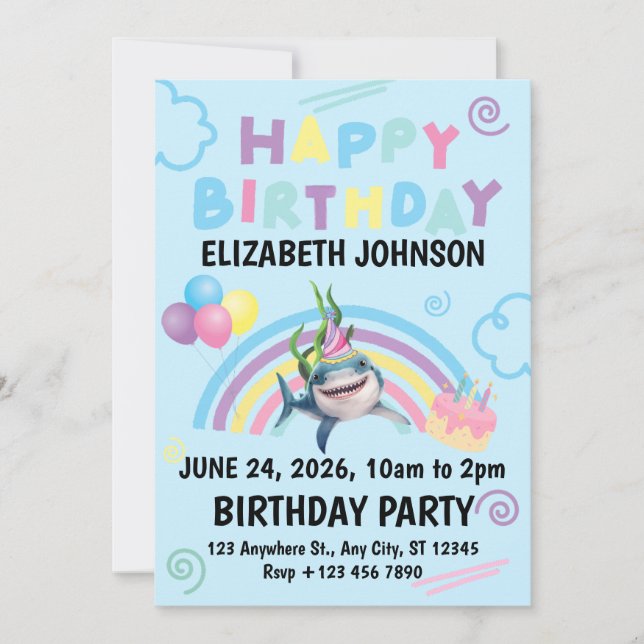 Convite Shark Birthday Invitation in Blue (Frente)