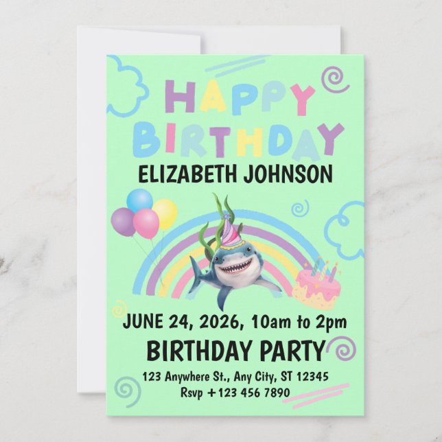 Convite Shark Birthday Invitation in Green (Frente)