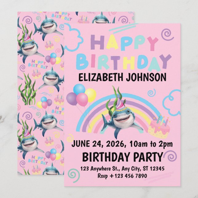 Convite Shark Birthday Invitation in Pink (Frente/Verso)