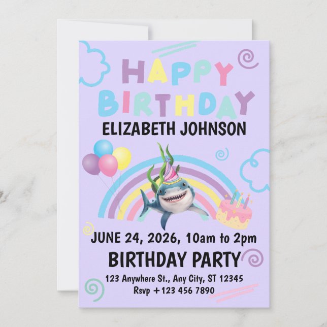 Convite Shark Birthday Invitation in Purple (Frente)