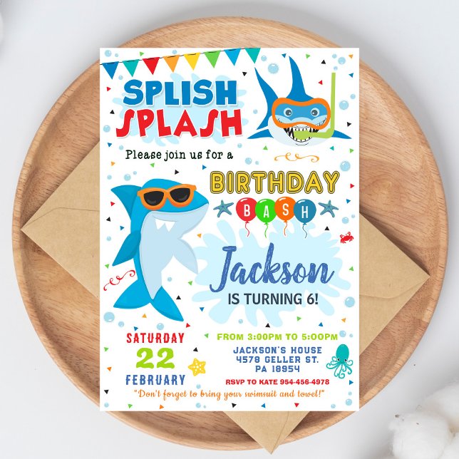 Convite Shark Birthday Invite Splish Splash Birthday Bash (Criador carregado)