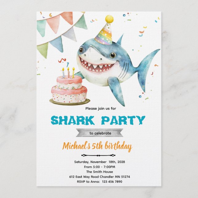 Convite Shark birthday party invitation (Frente)