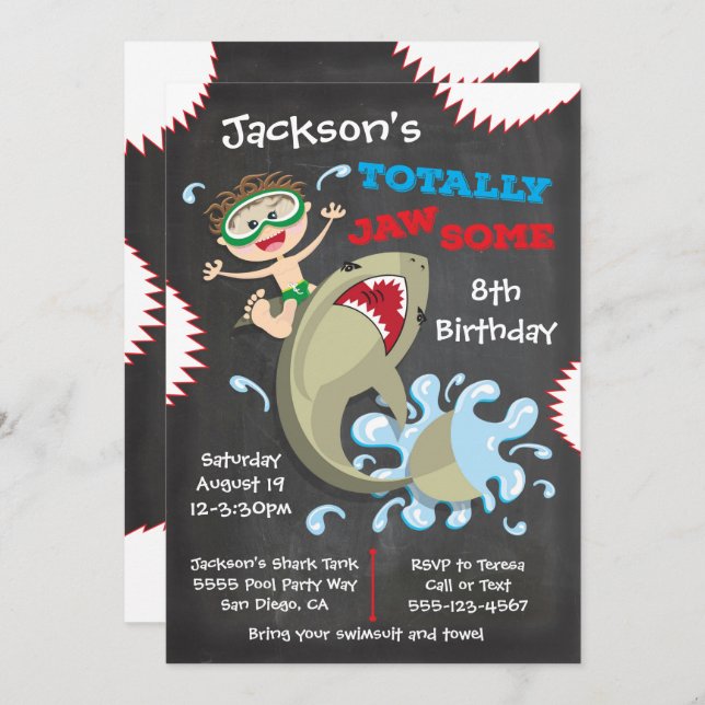 Convite Shark Birthday Swimming Pool Party Invitations (Frente/Verso)