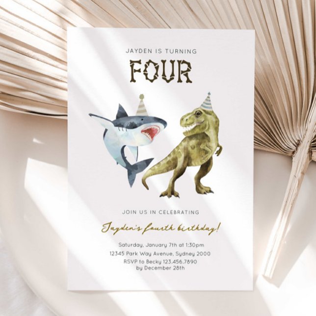 Convite Shark & Dino 4th B'day Invite, T-rex Shark Party (Criador carregado)