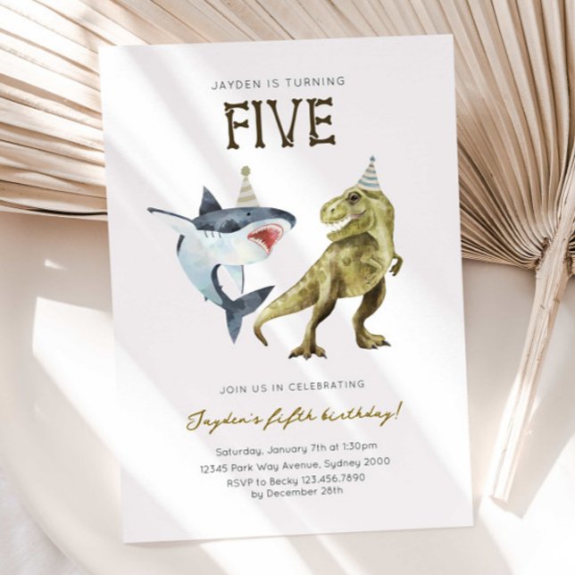 Convite Shark & Dino 5th B'day Invite, T-rex Shark Party (Criador carregado)