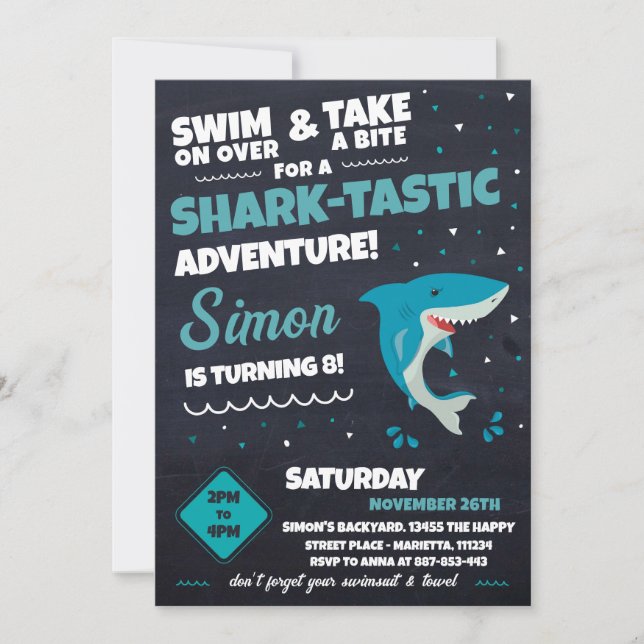 Convite Shark Invitation for Birthday Pool Party Bite (Frente)