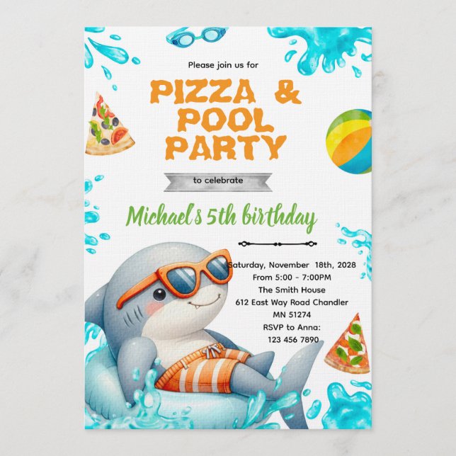 Convite Shark Pool pizza Party Birthday Invite (Frente)
