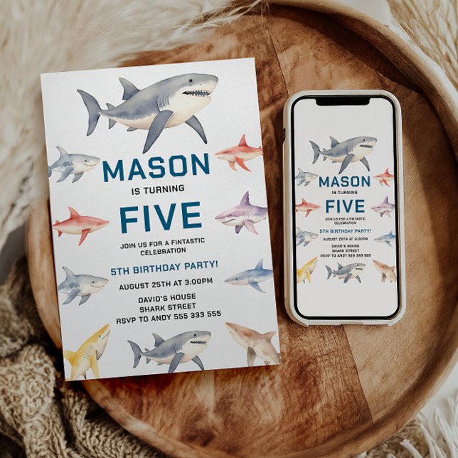 Convite Shark Splash 5th Birthday Party | Cute Ocean Kids (Shark Splash 5th Birthday Party | Cute Ocean Kids Invitation)