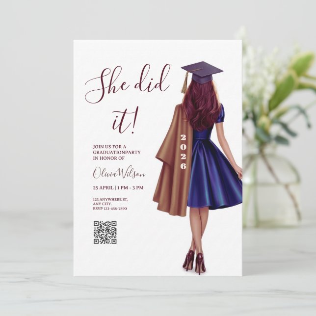 Convite She Did It | Brown Bronze Elegant Graduation Party (Em pé/Frente)