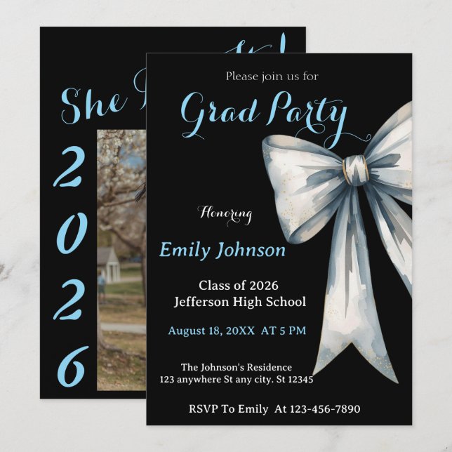 Convite She did it Graduation invitation Photo Blue Bow  (Frente/Verso)