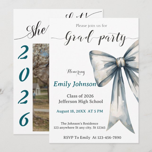 Convite She did it Graduation invitation Photo Blue Bow  (Frente/Verso)