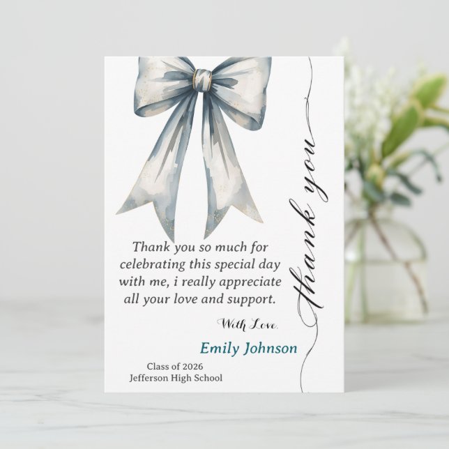 Convite She did it Graduation Thank you  Photo Blue Bow  (Em pé/Frente)