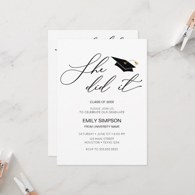 Convite She did it modern Graduation invitation (Frente/Verso In Situ)