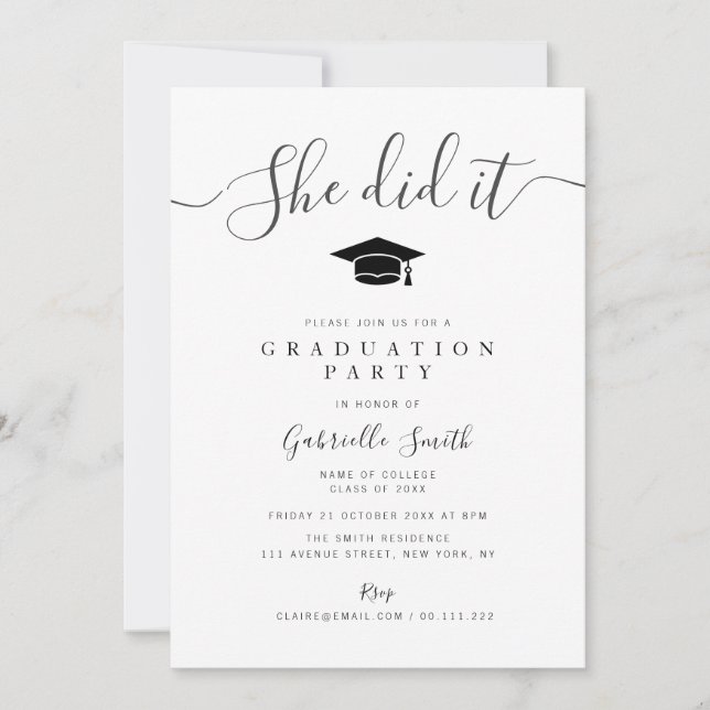 Convite SHE DID IT! Simple Graduation Party (Frente)