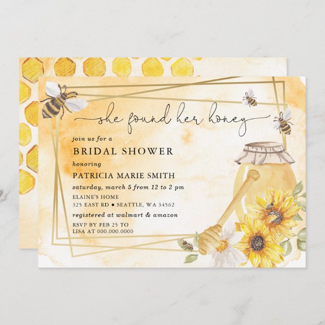 Convite She Found Her Honey Floral Bee Bridal Shower (Frente/Verso)