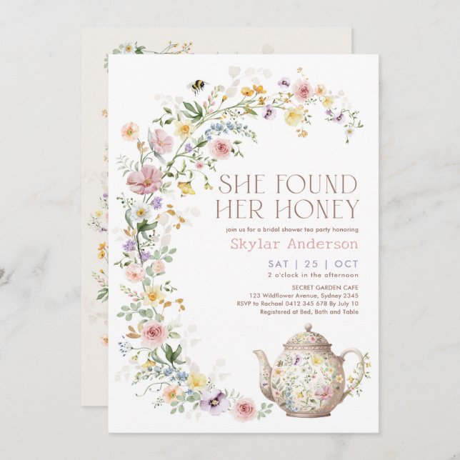 Convite She Found Her Honey Wildflower Bridal Shower Tea (Frente/Verso)