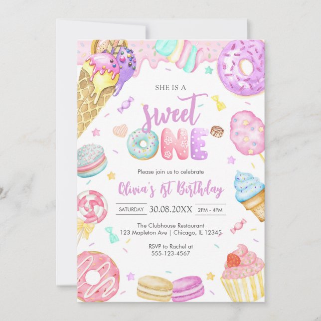 Convite She is a Sweet One Birthday Party Invitation (Frente)