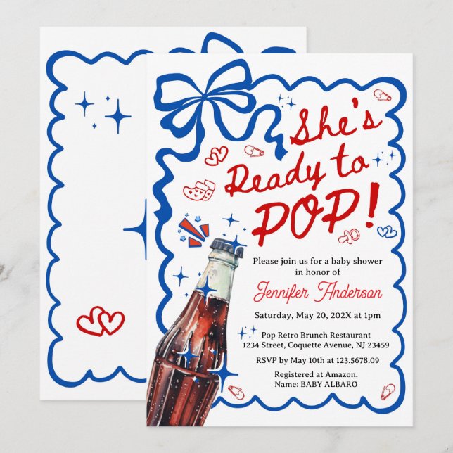 Convite She is Ready to POP Blue Coquette Invitation (Frente/Verso)