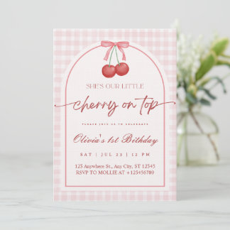 Convite She is the Cherry on Top Gingham 1st Birthday