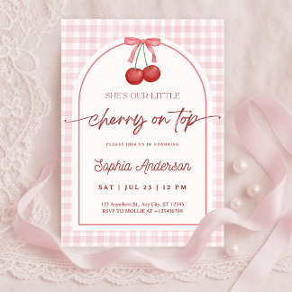 Convite She is the Cherry on Top Gingham Baby Shower