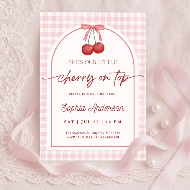 Convite She is the Cherry on Top Gingham Baby Shower (Criador carregado)