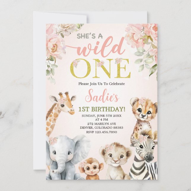 Convite She’s a Wild One Floral Safari Girl 1st Birthday (Frente)
