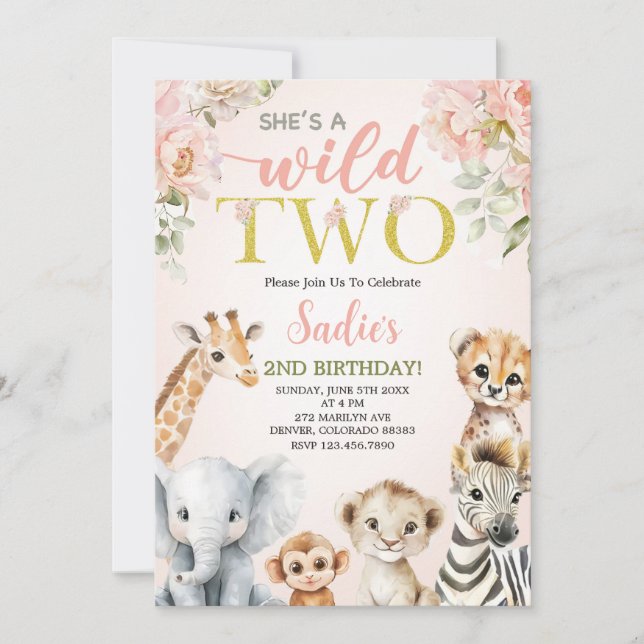 Convite She’s a Wild Two Floral Safari Girl 2nd Birthday (Frente)