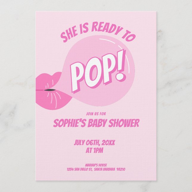Convite She’s Ready to Pop Bubble Gum Girl Baby Shower (Frente)