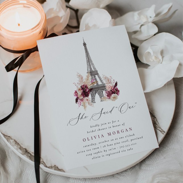 Convite She Said Oui Burgundy Floral Paris Bridal Shower (Criador carregado)