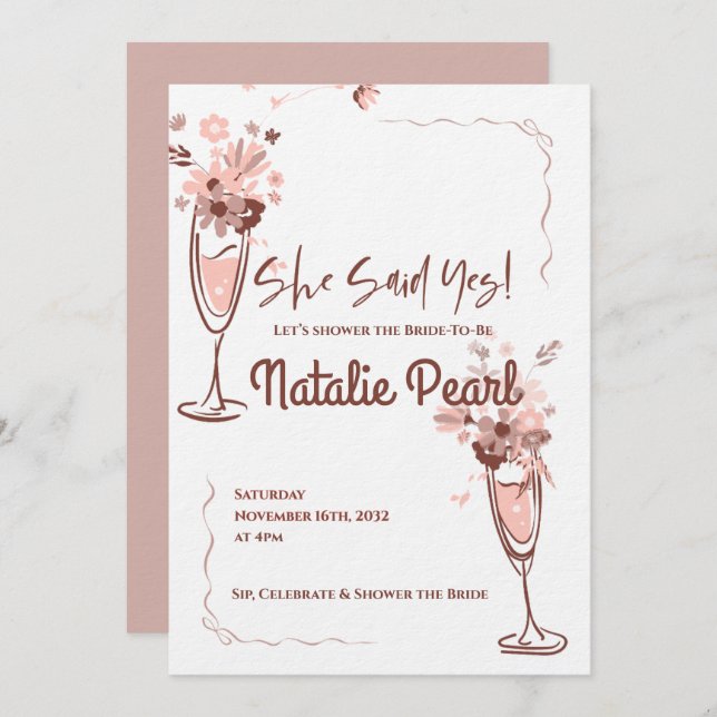 Convite She Said Yes Blush Floral Champagne Bridal Shower (Frente/Verso)