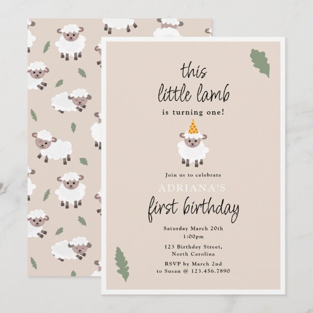 Convite Sheep Lamb Cute Farm Party Animals 1st Birthday (Frente/Verso)