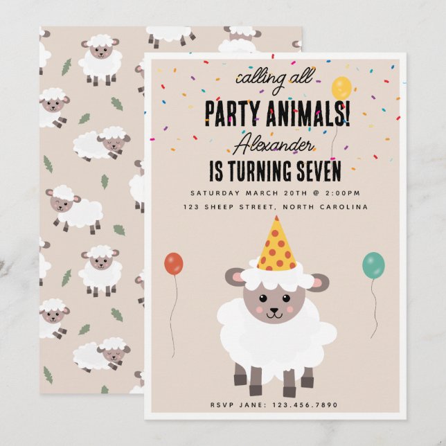 Convite Sheep Lamb Cute Farm Party Animals Birthday (Frente/Verso)