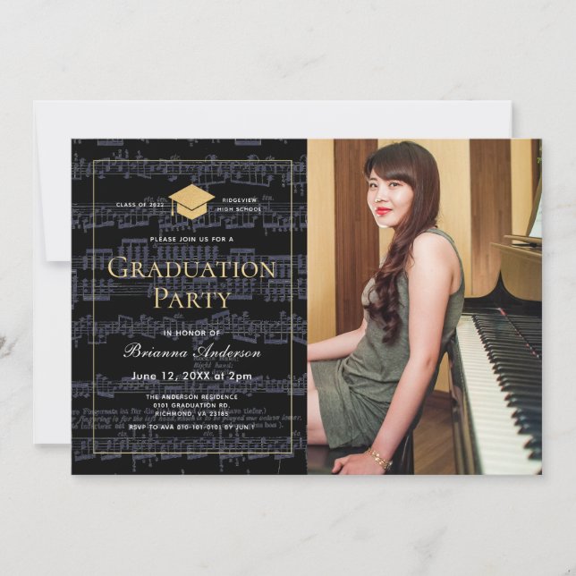 Convite Sheet Music Black & Gold Photo Graduation Party (Frente)
