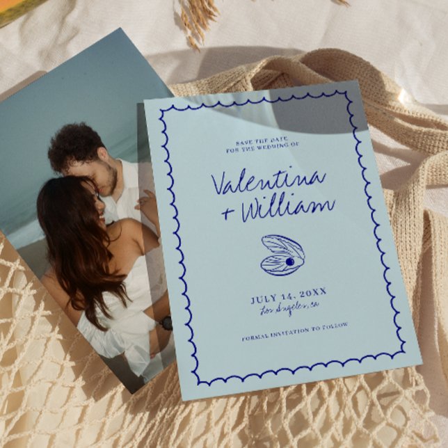 Convite Shell Azul-Mediterrânico Moderno Salva a Data (Criador carregado)