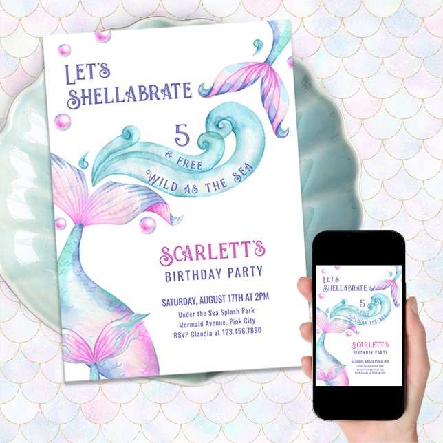 Convite Shellabrate Mermaid Tails Selvagens como Aniversár (Criador carregado)