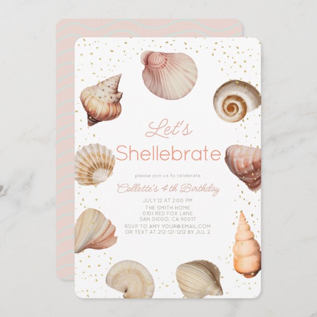 Convite Shellebrate Seashell - Aniversário Realista (Frente/Verso)