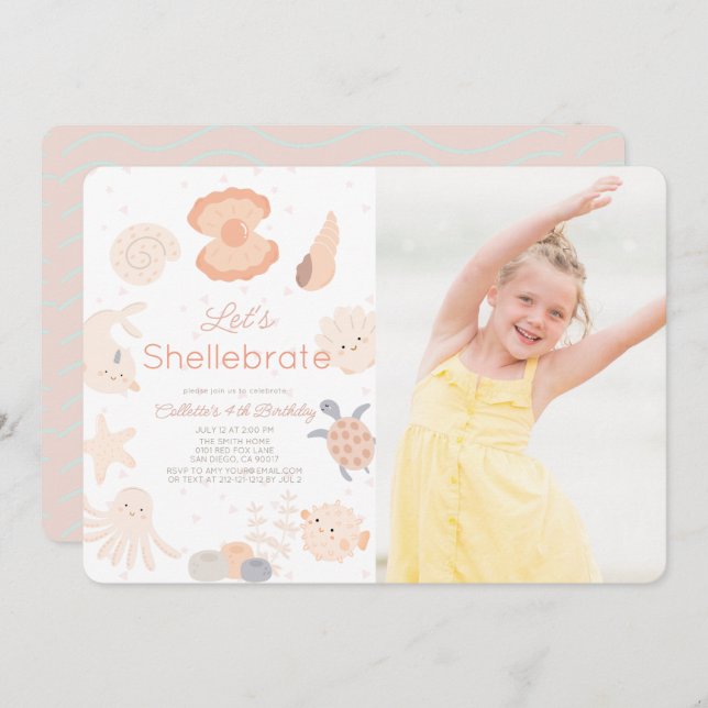 Convite Shellebrate Seashell Pink Foto de Aniversário (Frente/Verso)