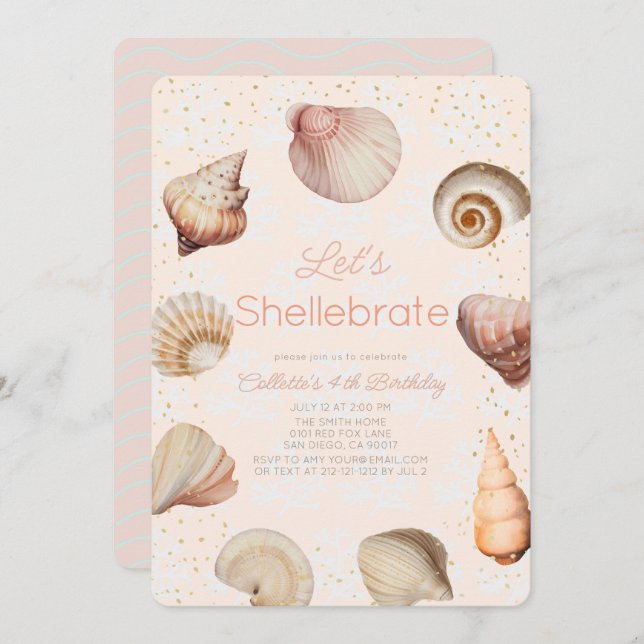 Convite Shellebrate Seashell Realista Rosa Aniversário (Frente/Verso)