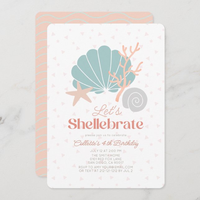 Convite Shellebrate Seashell Retro Pink Girl Aniversário (Frente/Verso)