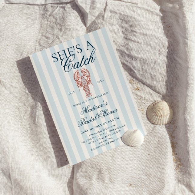 Convite She's a catch Lobster Blue Striped Bridal Shower (Criador carregado)