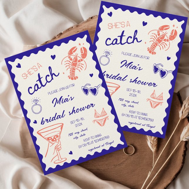 Convite She's a catch Lobster Hand Drawn Bridal Shower (She's a catch lobster bridal shower invitation hand drawn unique whimsical coastal nautical beach)