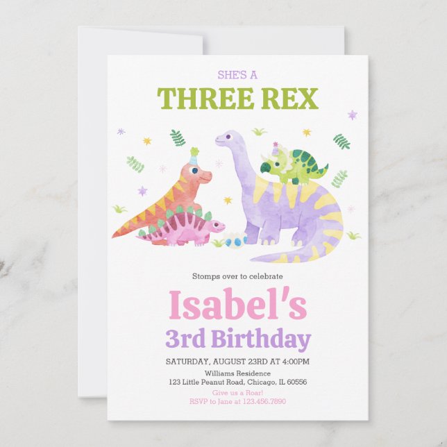Convite She's a Three rex Trex Dinosaur Birthday (Frente)