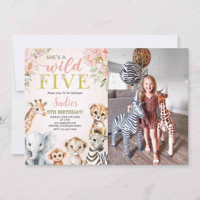 Convite She's a Wild Five Floral Safari Birthday Photo (Frente)