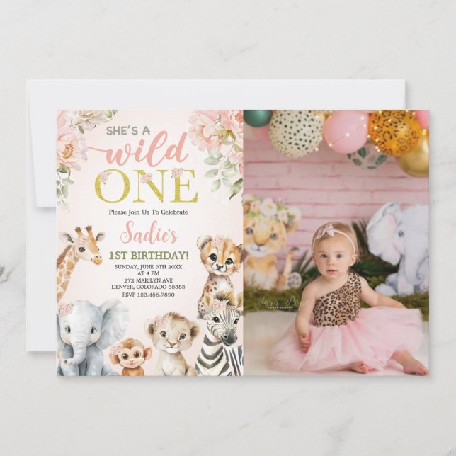 Convite She's a Wild One Floral Safari Birthday Photo (Frente)