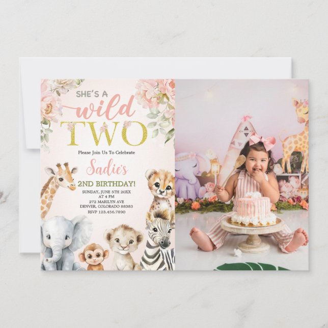 Convite She's a Wild Two Floral Safari Birthday Photo (Frente)