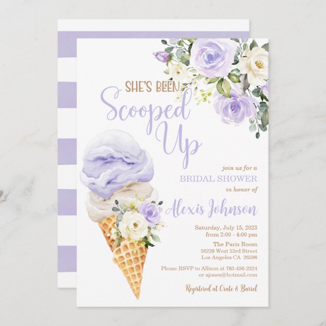 Convite She's Been Scooped Up Bridal Shower (Purple) (Frente/Verso)