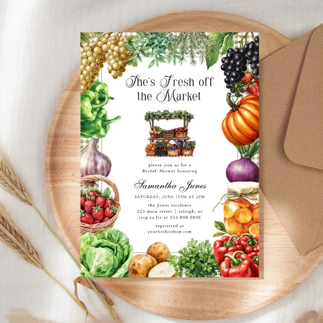 Convite She's Fresh Off The Market Gingham Bridal Shower (Criador carregado)